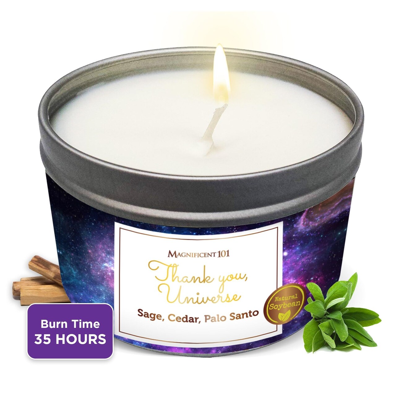 MAGNIFICENT 101 Affirmation - Thank You Universe Aromatherapy Smudge Candle - 6 oz - 35-Hour Burn - Soy Wax, Sage, Cedar, Palo Santo Oils - for Energy Cleansing & Manifestation
